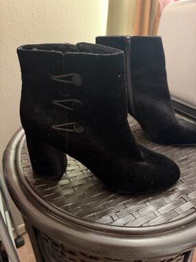 Nine West Black Velvet Ankle Booties with Button Trim